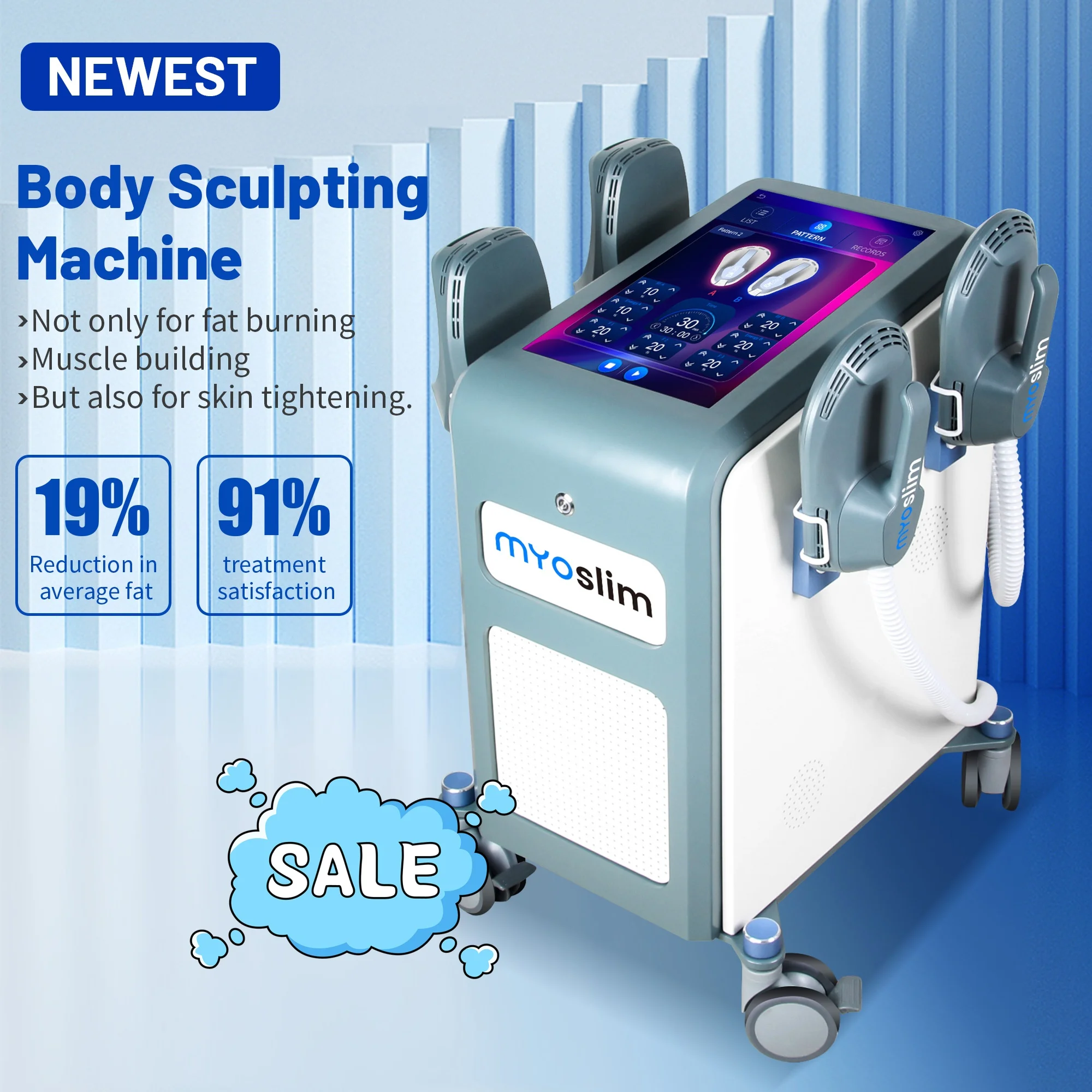 Myoslim 6500 واط المحمولة العضلات بناء RF مقابض التخسيس آلة عمودية 4 في 1 RF مقابض التخسيس الوزن حرق الدهون إزالة كاملة