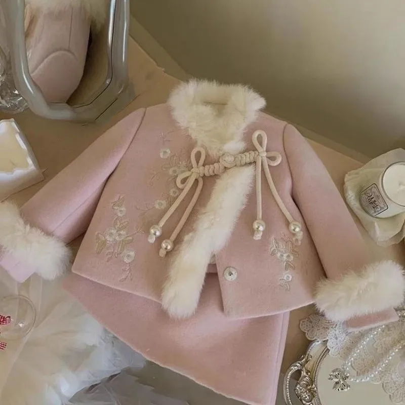 Girls' Woolen Set Autumn/Winter New Style Children's Chinese Warm Coat Half Skirt Two Piece Set