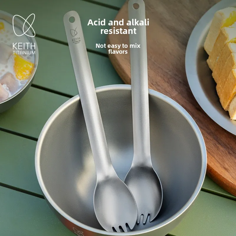 ملعقة كيث من التيتانيوم النقي بمقبض طويل للتخييم والمشي والسفر أدوات مائدة مضادة للبكتيريا خفيفة الوزن لأدوات تناول الطعام في الهواء الطلق قابلة للغسل في غسالة الأطباق