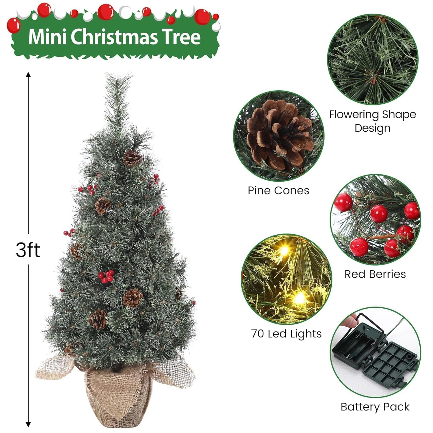 3 Ft Tabletop Prelit Christmas Tree, Small Lighted Xmas Tree with Burlap Base,Pine Cones,Red Berries,78 Led Lights