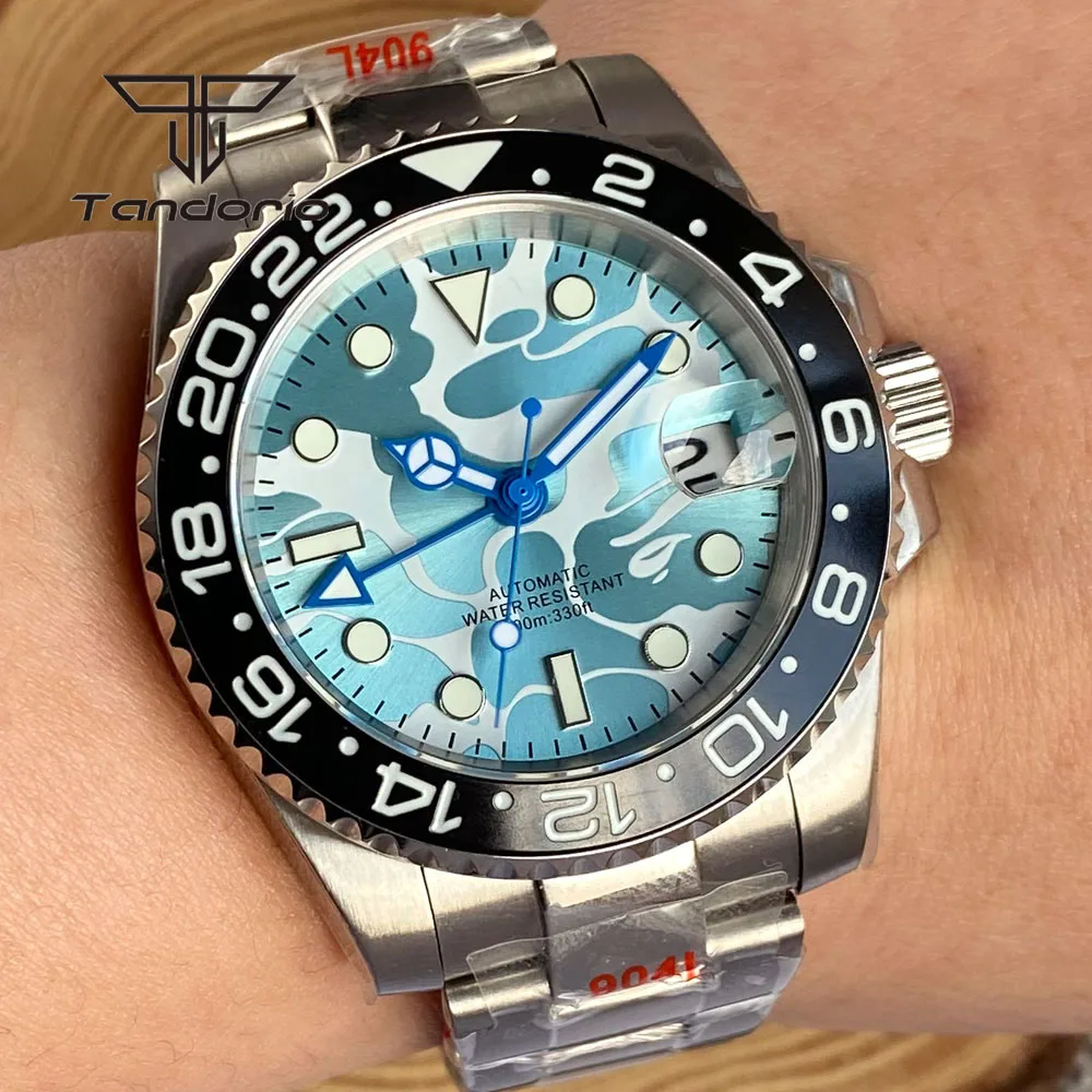 Tandorio NH34 Mechanical Stainless Steel GMT Function Automatic Men Watch Luminous Painting Dial Date Sapphire Glass Wristwatch