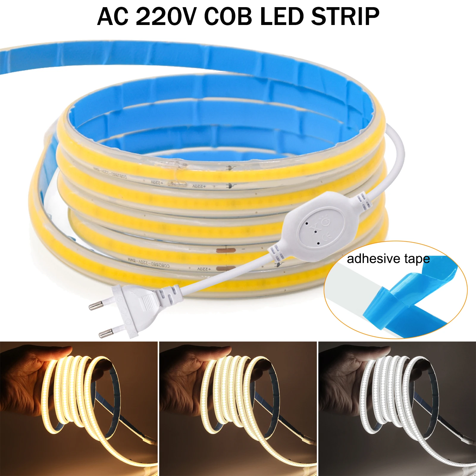 

COB LED Strip Light with Adhesive Tape 220V 288LEDs/M IP65 Waterproof Outdoor COB LED Lights Flexible LED Tape Density Linear