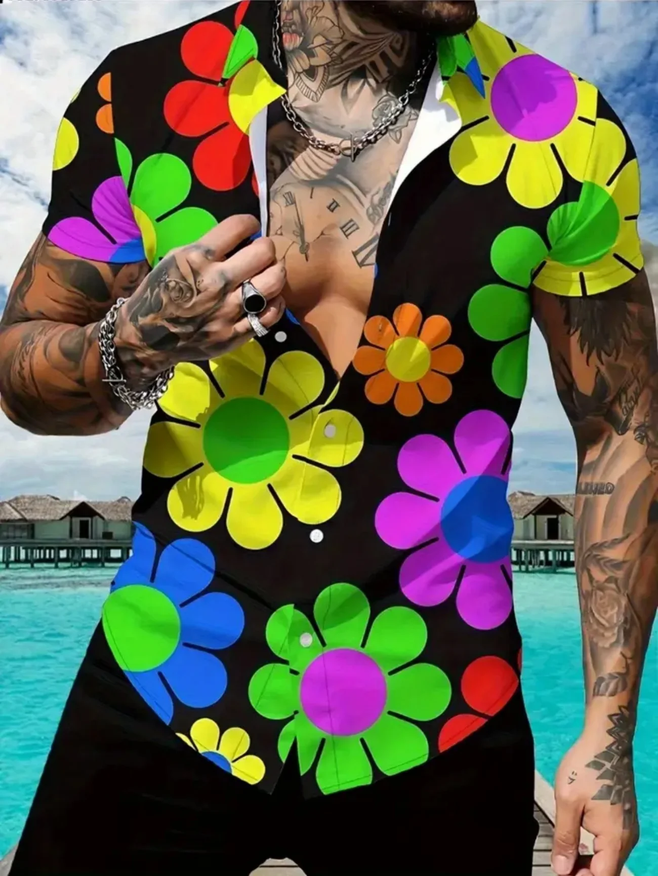 Hawaiian 3D Print Lapel Shirt Men Womens Button Down Short Sleeve Casual Beach Shirt Oversized Clothing