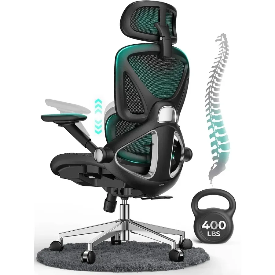 Ergonomic Mesh Office Chair for Long Desk Work, Black Mesh PU, Adjustable Lumbar Support, 4D Flip-up Arms, 3-Tilt Backrest, 3D
