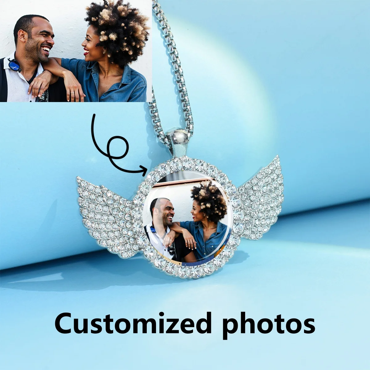 

Custom Couple Photo Angel Wing Pendant with Long Chain Rhinestone Necklace Personalized Glass Dome Picture Customized Jewelry