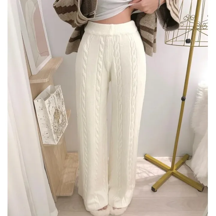 Thiened gebreide casual broek dames hoge taille rechte pijpen losse pasvorm herfst winter warme wijde pijpen lange broek