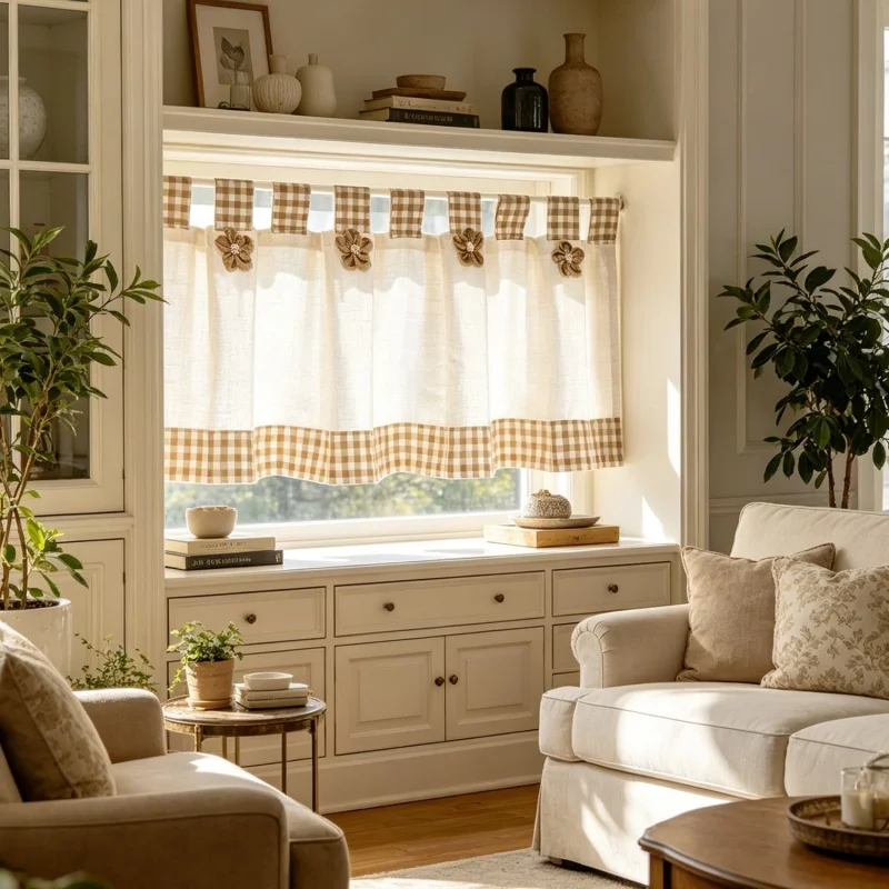 Farmhouse Kitchen Curtains Tan Gingham Plaid Linen Cafe Curtains with Flower Applique Tab Top Short Window Curtain Tiers Country
