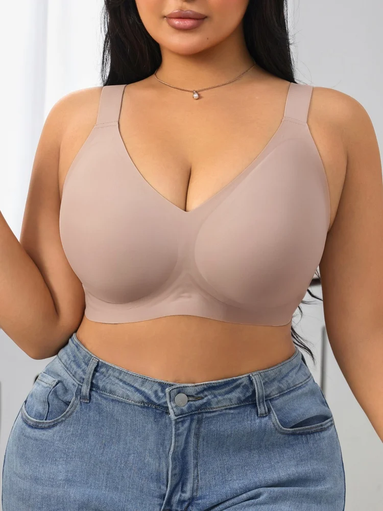 Plus size seamless jelly gel solid color full coverage anti splash anti sagging bra, super large comfortable high elastic underw