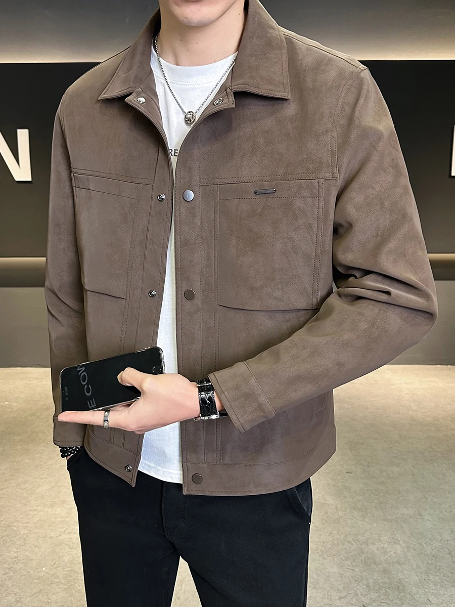 

Весенняя новая мужская приталенная замшевая куртка с отложным воротником, однотонная модная верхняя одежда, молодежная одежда из эластичного волокна без железа...