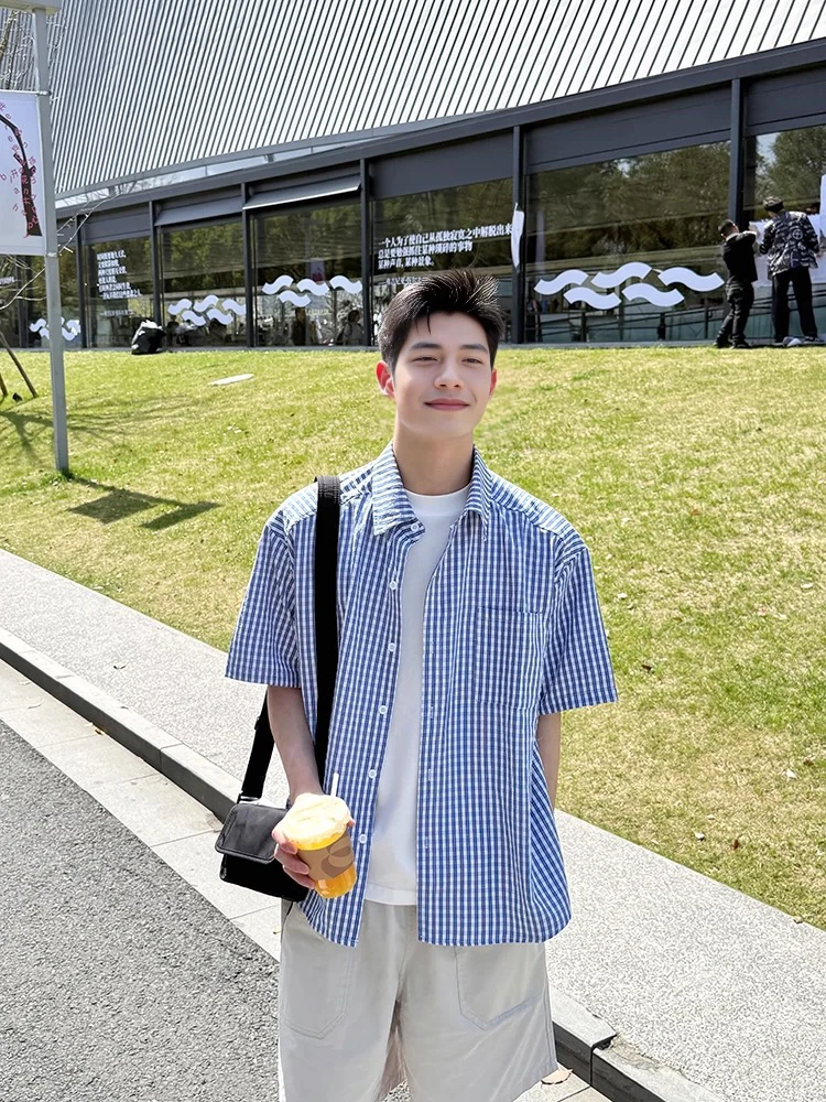 

Лето Fre Blue Plaid ort Sve Повседневная свободная мужская irt Cleanfit Daily irt Легкая дышащая удобная посадка