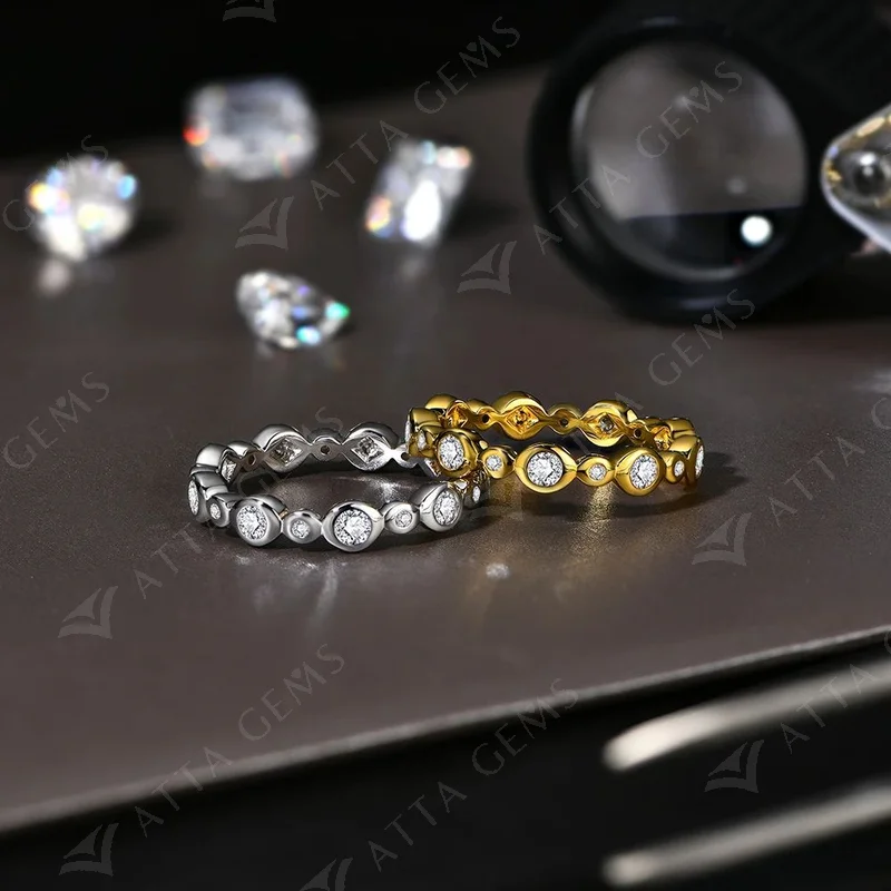 ATTAGEMS Solid S925 Sliver Eternity Moissanite Rings for Women D VVS1 Diamond Wedding Band Stackble Ring Luxury Fine Jewelry