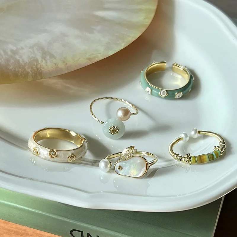 Ring for Women Girl Pearl Enamel Glaze Gift Crystal Green Flower Rabbit Jewelry Dropshipping Wholesale 925 Sterling Silver