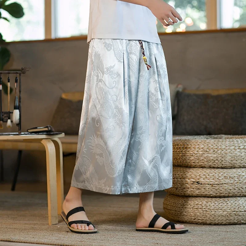 Chinese Style Summer Thin Dragon Pattern Ice Silk Casual Pants Retro Loose Plus Size Tai Chi Wide Leg Pants Men's Clothing