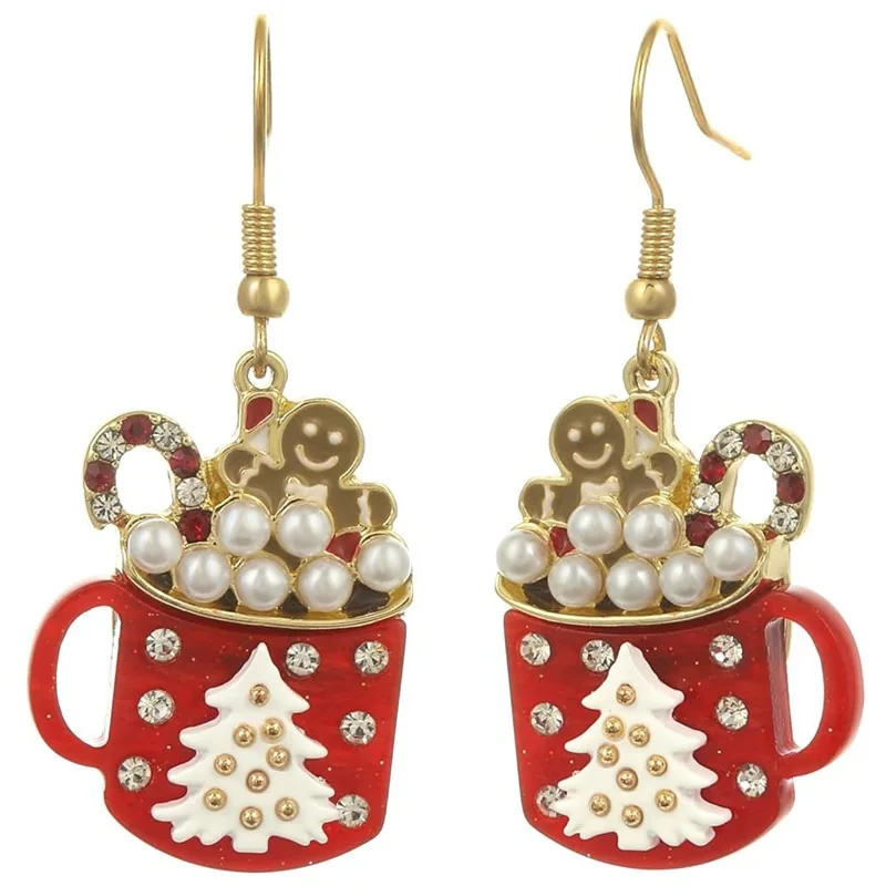 Red Enamel Gingerbread Man & Coffee Mug Earrings – Festive Christmas Pendant for Parties, Gifts & Everyday Elegant Wear