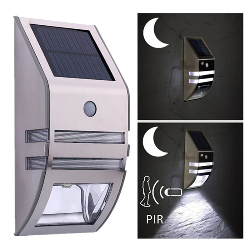 2PCS Waterproof PIR Motion Sensor LED Solar Light Stainless Steel Outdoor Garden Yard Security Wall Lamp