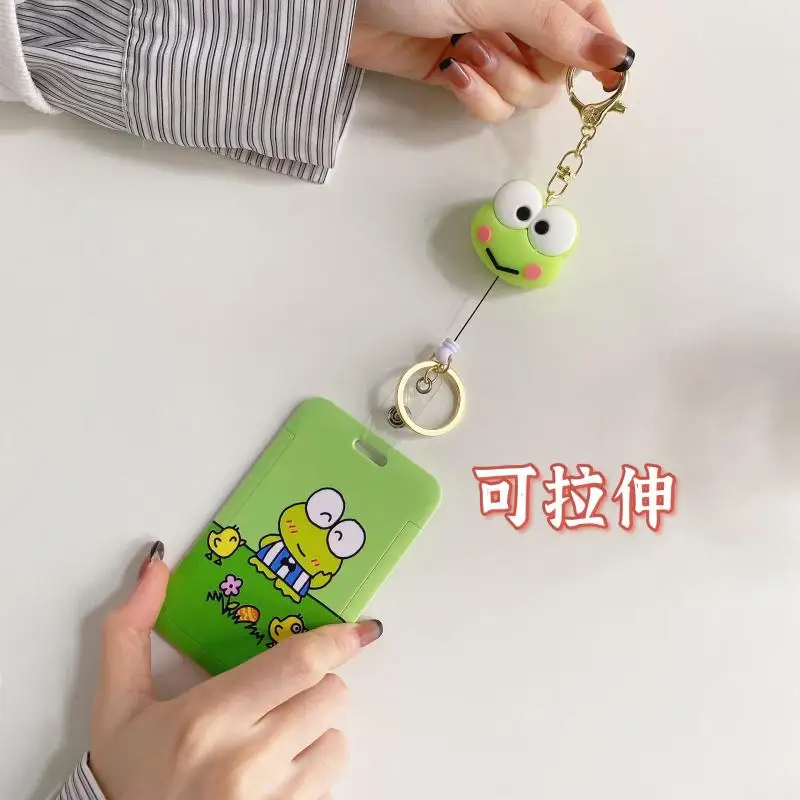 Sanrio KEROKERO KEROPPI Cute Frog Student Card Holder Kawaii Creative Retractable Card Holder Bus Card Access Card Holder