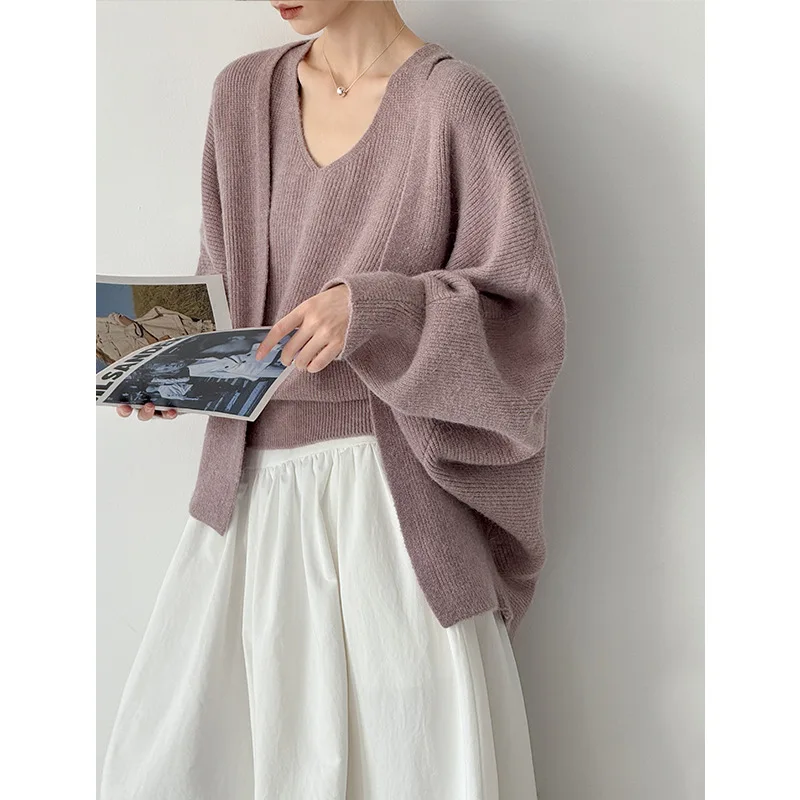 WHTREND Herbst Neue Lose Mantel + Weste Einfarbig Gestrickte Pullover Weibliche Casual Design Mode WH1741