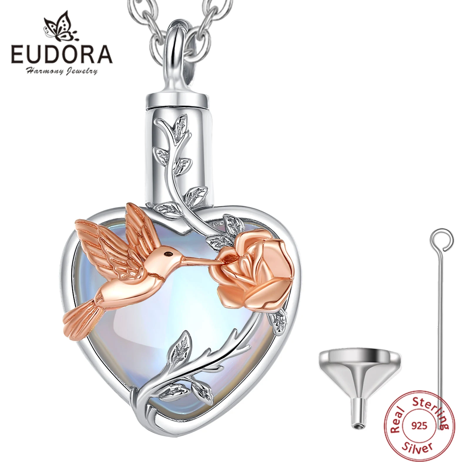 Eudora 925 Sterling Silver Hummingbird Rose Ashes Urn Pendant Necklace Tree of Life Moonstone Cremation Urn Memorial Jewelry