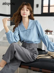 MISHOW Shirt for Women 2023 Autumn French Bubble Sleeve Vintage Top Single Breasted Polo Neck Lantern Sleeve Shirts MXC42C0081