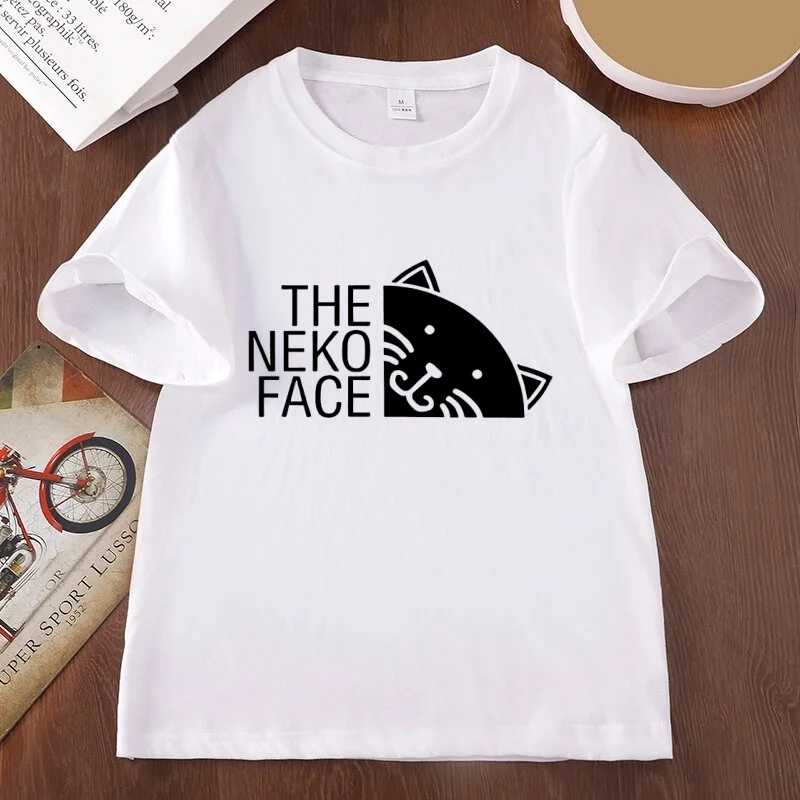 Funny The Neko Face Graphic T Shirts Cute Cat Design Printed T-shirts Casual Round Neck Printed Tshirts Man Woman Clothing Tees