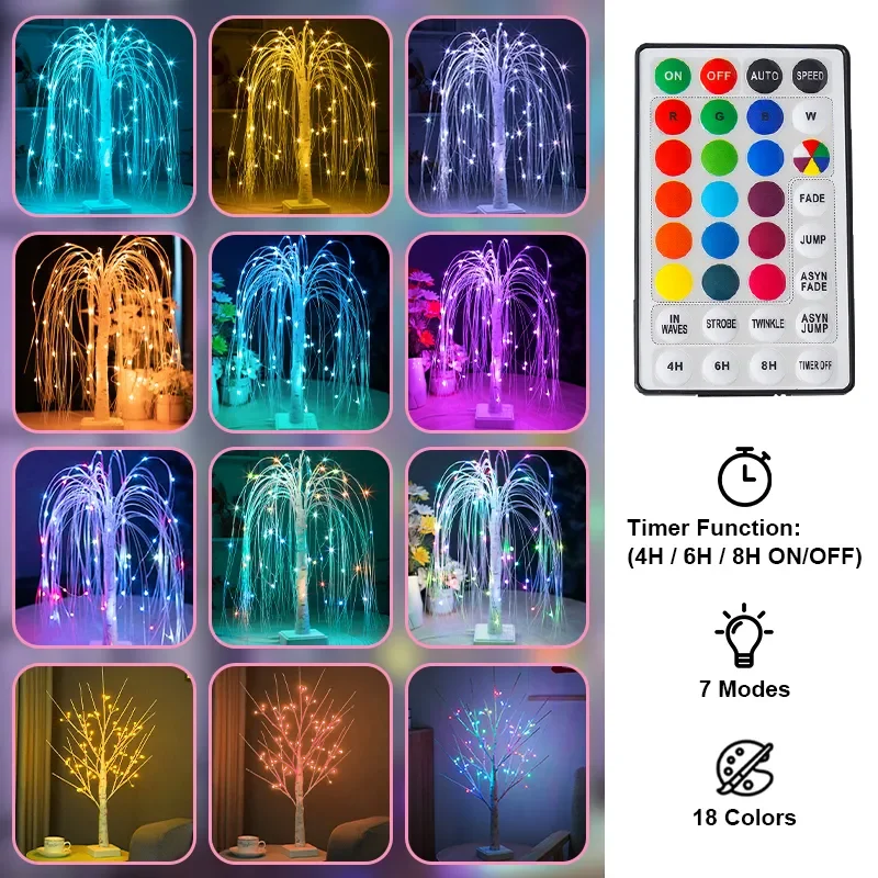 Willow Night Light LED Birch Tree 18Colorful 7Mode Lighting Remote Table Lamp For Home Bedroom Indoor Atmosphere Halloween Decor