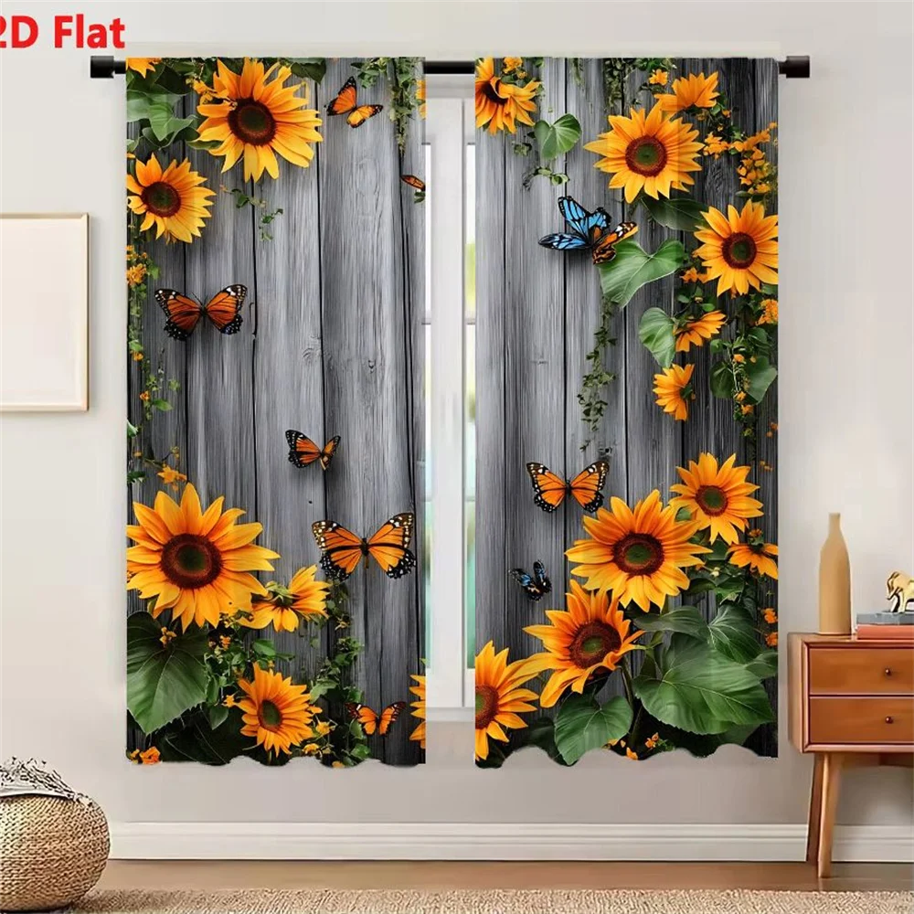 2Pcs Curtains Vibrant Sunflower And Butterfly Collage On Rustic Gray Wood Background Window Drapes for Bedroom Room Decor Decora