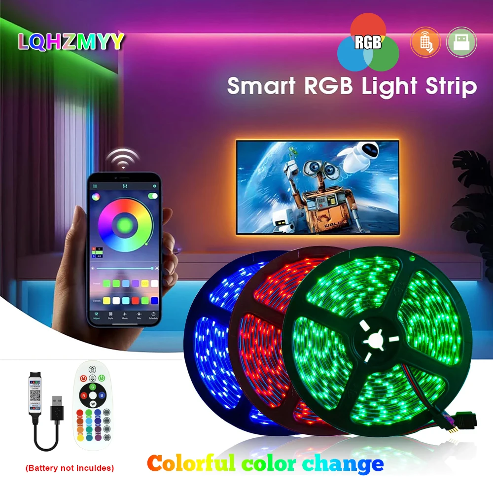 1ロールの低電圧5V色変化RGB 5050 LEDライトストリップ、USBインターフェース付き、24キーBluetoothリモコン、アプリ制御、音声起動コントローラー、LEDライトストリップ、柔軟で粘着性があり、テレビなどに適しています。