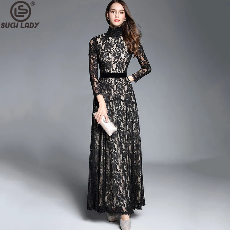 

Women's Evening Gown Stand Collar Embroidery Lace Long Sleeves Elegant Party Prom Vestiddos