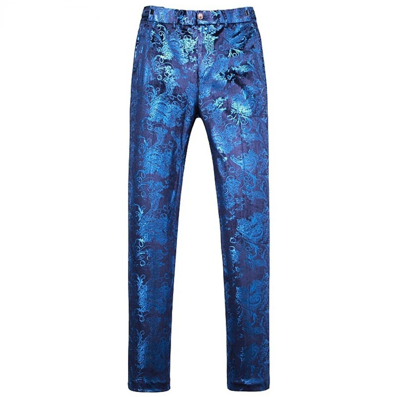 Floral Pants Men Flat Front Expandable Wasit Suit Pants Mens Wedding Party Prom Stage Trousers