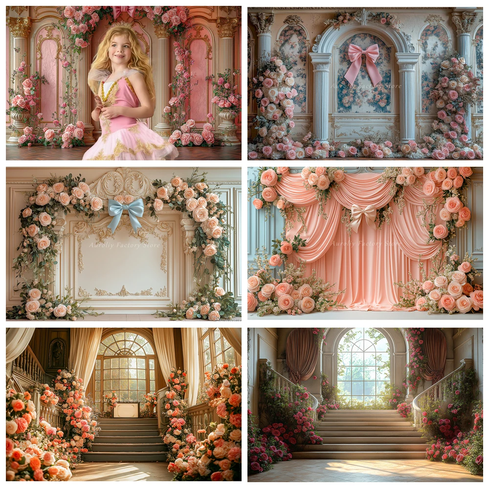 

Vintage Elegant Bow Photography Background Adult Women Art Portrait Kids Photo Studio Props Staircase Flower Backdrop Decor