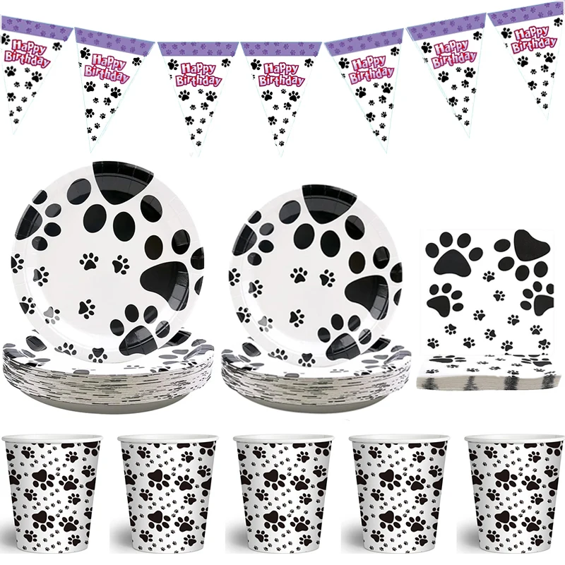 Black Dog Paw Prints Disposable Tableware Set Puppy Themed Paper Plates Cups Napkins Pennants Baby Shower Birthday Party Decor