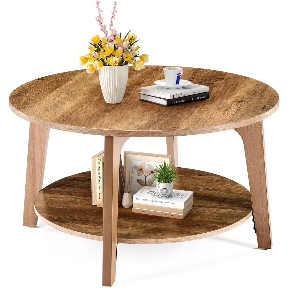 

Round Coffee Table, 32'' Wood Coffee Tables for Living Room with Storage, 2-Tier Center Circle Counter with Wooded Desktop, 50