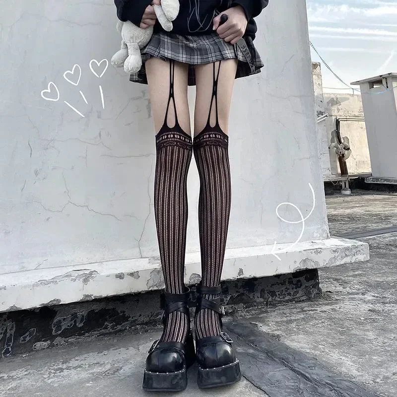 Japanese Harajuku Hollow out Fishnet Stockings Tights Women Fashion Black Gothic Body Fishnet Garter Over Knee Sheer Pantyhose