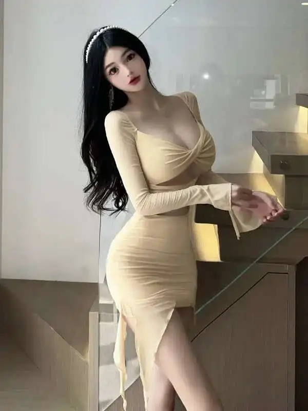 WOMENGAGA Fee Kleid Sexy Spicy Girl Aushöhlen Low Cut Einfarbig Elastische Langarm Kurze Enge Kleid Elegante Korea M8OM