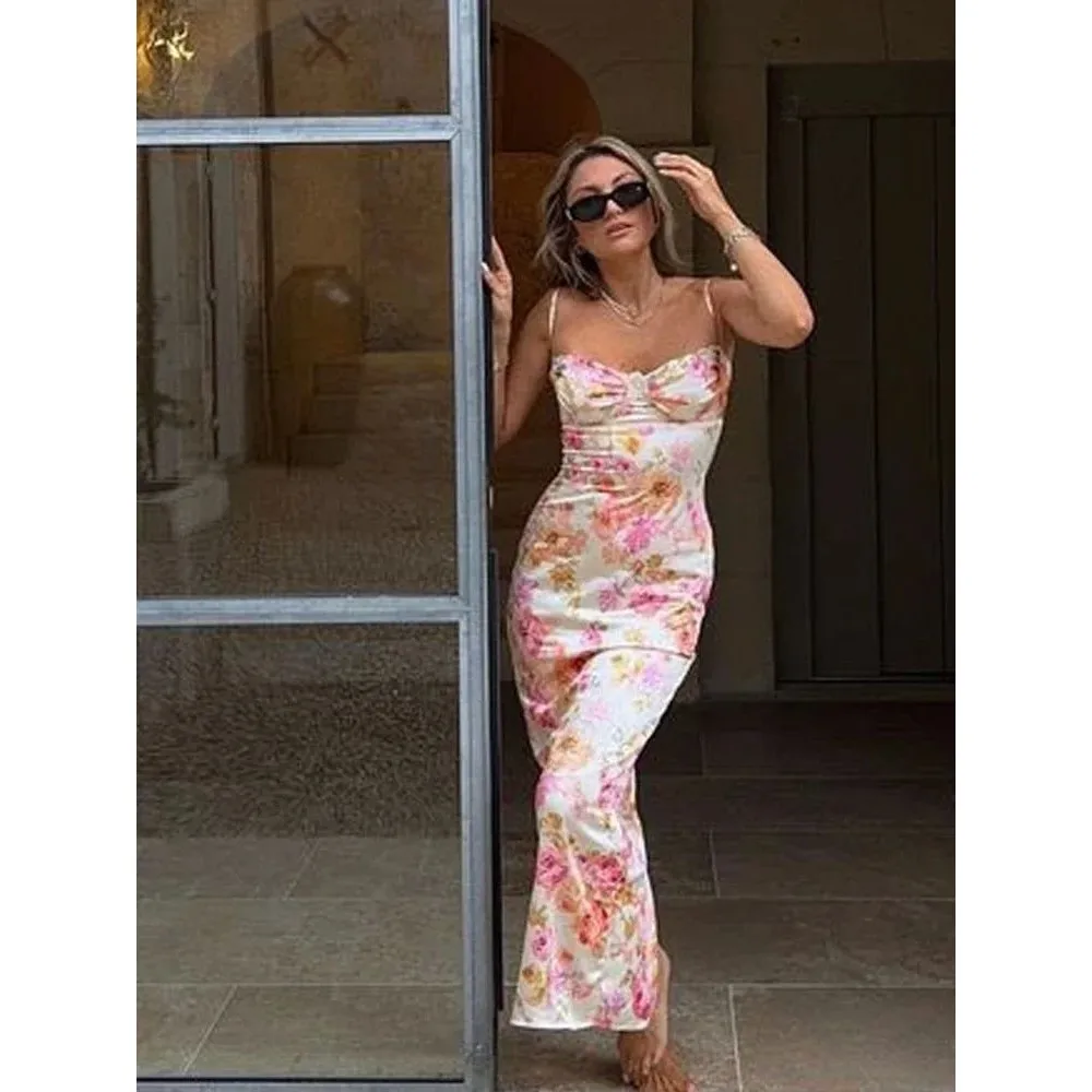 선인하트 여름 스파게티 스트랩 플로럴 프린트 파 드레스 클린핏 H 버전 중년 여성용 시워크 폴리에스터 린넨