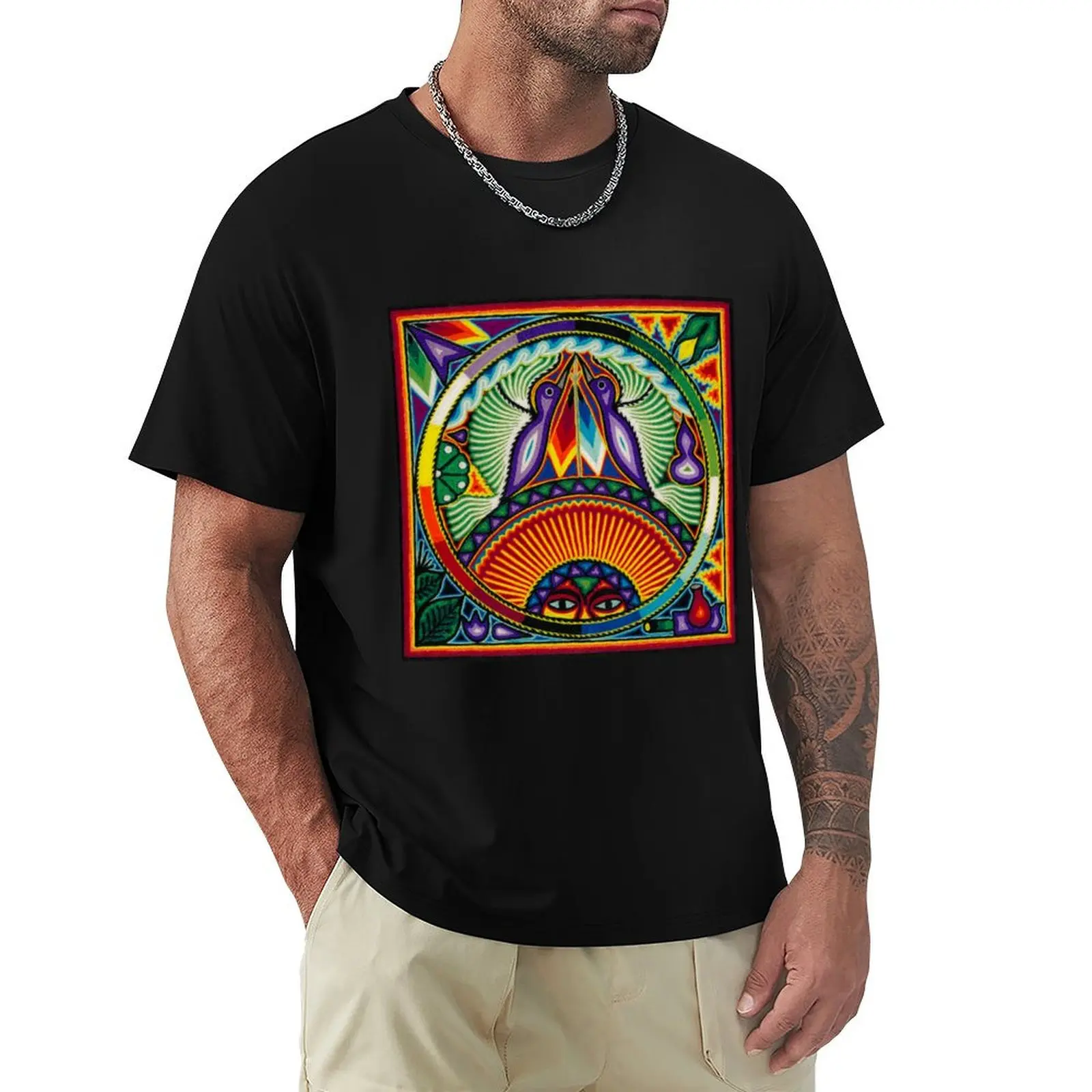 

Sun and humming birds - Huichol painting T-Shirt vintage graphic tee clothes plus sizes summer tops mens t shirt