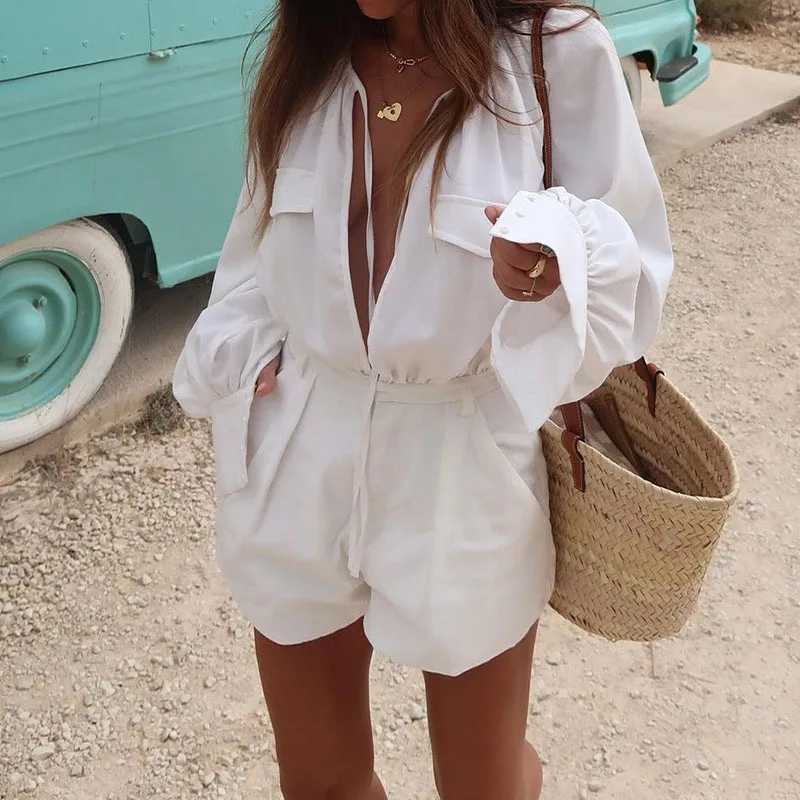 

Spring Long Sleeve Cotton and Linen Playsuit Women Lace-up Hollow Shorts Jumpsuit Summer Solid High Waist Pocket Romper Overalls