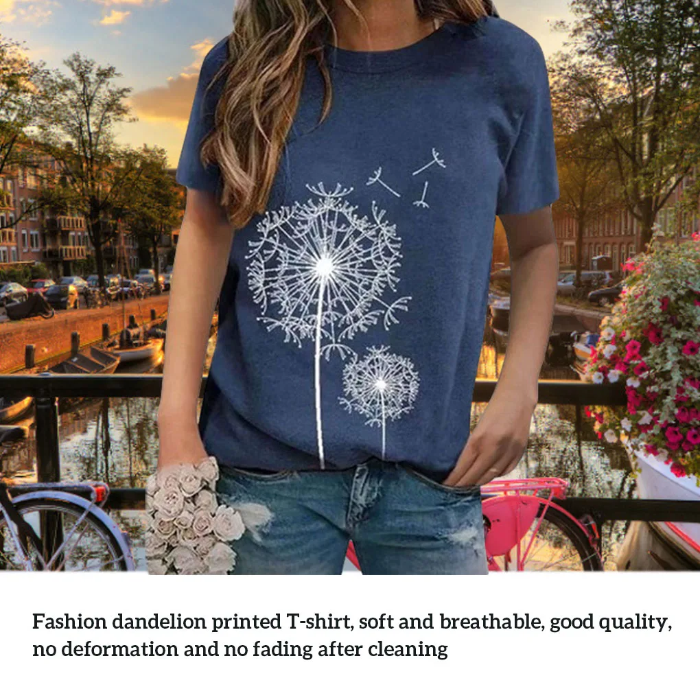 女性シャツ半袖タンポポ通気性 Tシャツユニバーサルカジュアル服ファッションアクセサリー日常着ブルー L