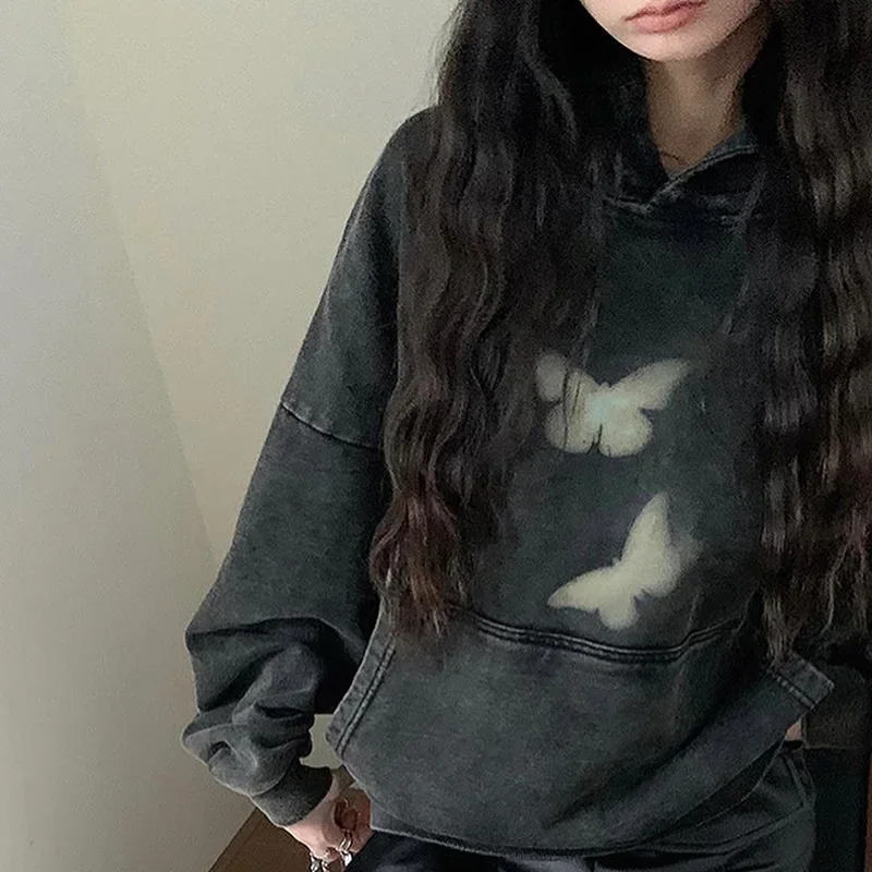 

Korean Style Print Black Hoodie Women Streetwear Fashion Harajuku Oversized Pullover Sweatshirts Y2k Clothes Hoodies