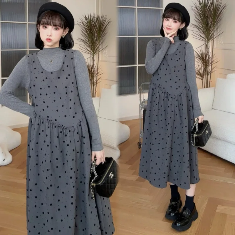 

2025 French Style Pregnancy Set Autumn Knit Top Flowy Polka Dot Pinafore Two Piece Outfit Elegant Comfortable Mommy Wear