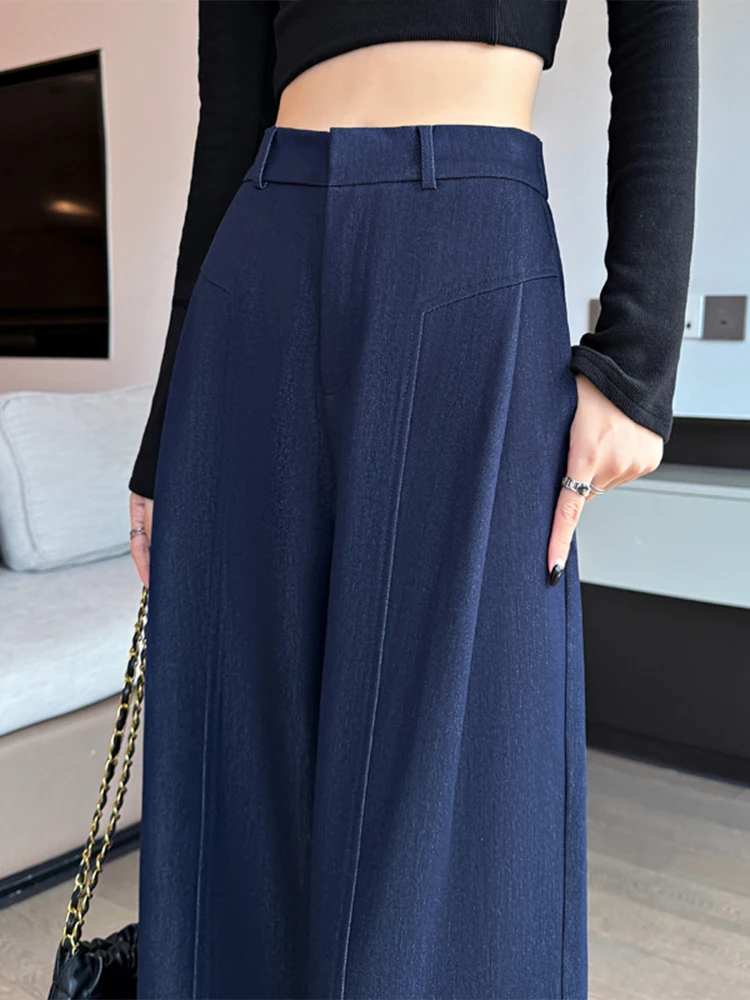 

Брюки женские прямые с высокой талией, свободного кроя, повседневные, с дизайном «нож», синие, для осени, новинка, стильные, для работы и повседневной носки