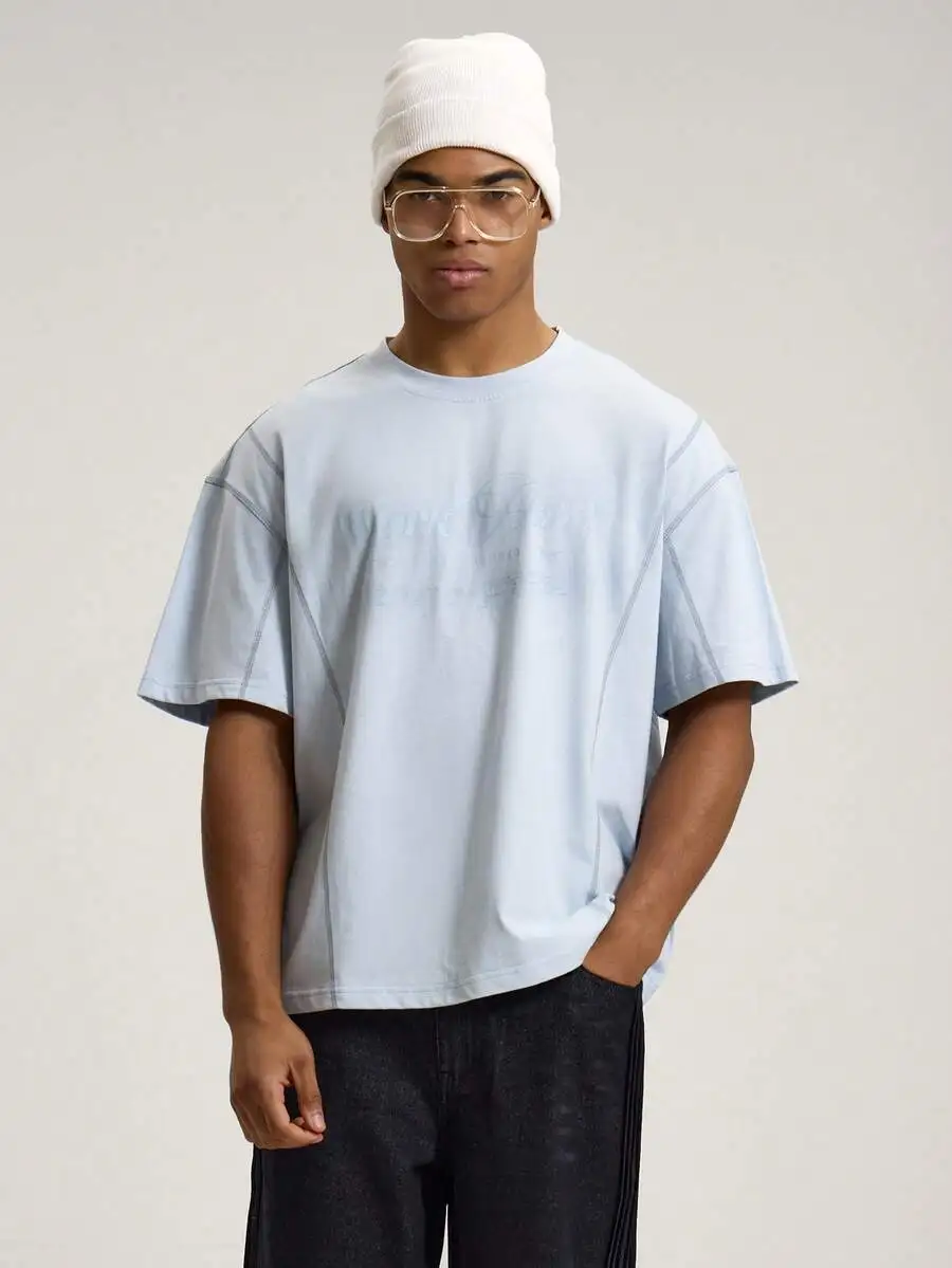 

Light Blue Oversized Crewneck Tee With Subtle Work Hard Print, Drop Shoulder Short Sleeve Spring Summer Casual Top