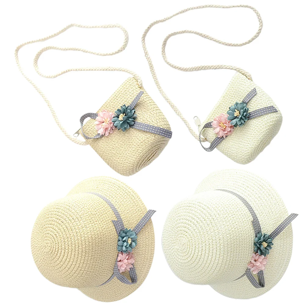 

Girls Beach Hat Kids Sun Hats Summer Little Sunhats Brim Fashion Child Straw Cap Beach Bag Set Crossbody Purse Travel Storage