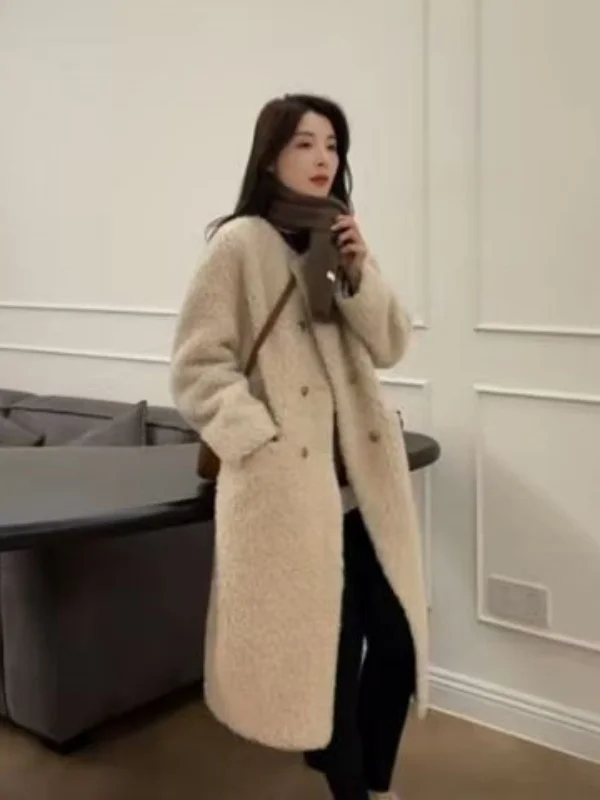 Retro Lammfell Jaet Damen Warme Oberbekleidung Lange Sve runde Ne Mittellange Lose Passform Vielseitiger Wintermantel Polyesterfaser