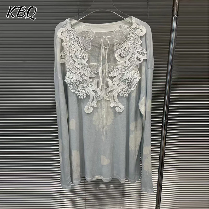 

KBQ Casual Slimming Hollow Out Printing Blouses For Women V Neck Long Sleeve Spring Temperament Shirts Female Fashion Style New