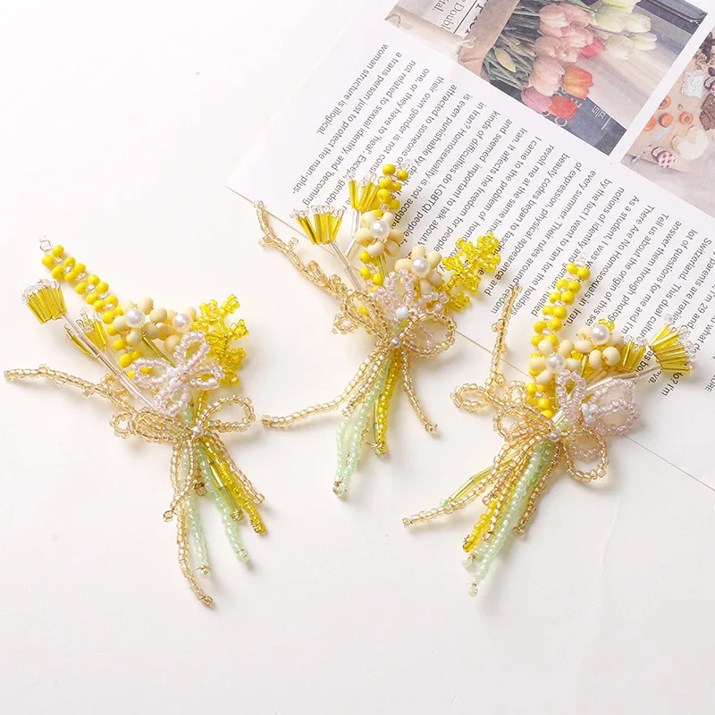 2pcs Rural style pearl small flower golden wheat ear DIY handmade woven beaded hair clips hair accessories and earrings