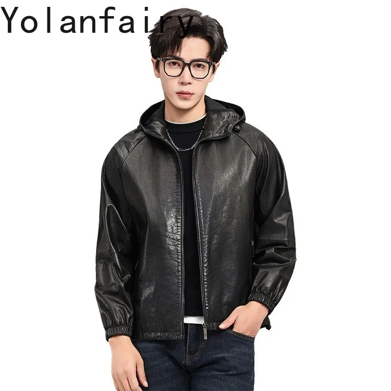 

YOLANFAIRY First Layer Cowhide Genuine Leather Jacket Men 2026 Hooded Autumn Short Real Leather Coat Casual Motorcycle Jackets