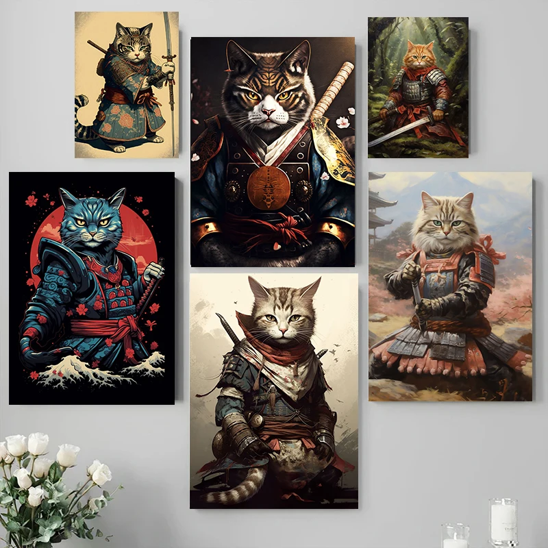 Funny Art Japanese Cat Samurai Katana Sakura Canvas Paintings Wall Art Posters Prints Cat Animals Pictures for Kids Room Decor