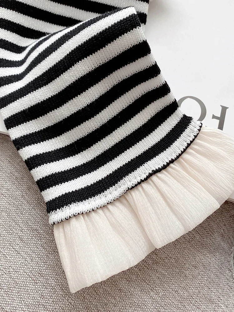 Sweater Women Jumper Slim Slash Neck Pullovers Off Shoulder Knitted Black White Striped Autumn Ruffled Irregular Clothing