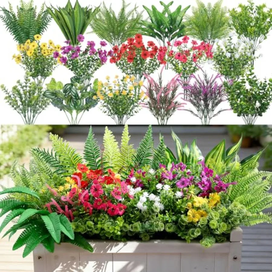 

48 Pcs Artificial Plants for Outdoors: UV Resistant Faux Greenery Silk Flowers in Natural Green, Fade-Proof Plastic Shrubs for